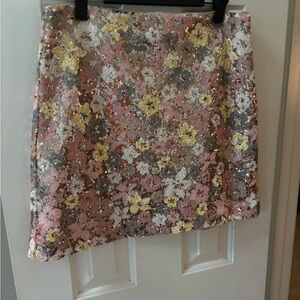 LOFT Pink and Yellow Floral Sequin Mini Skirt